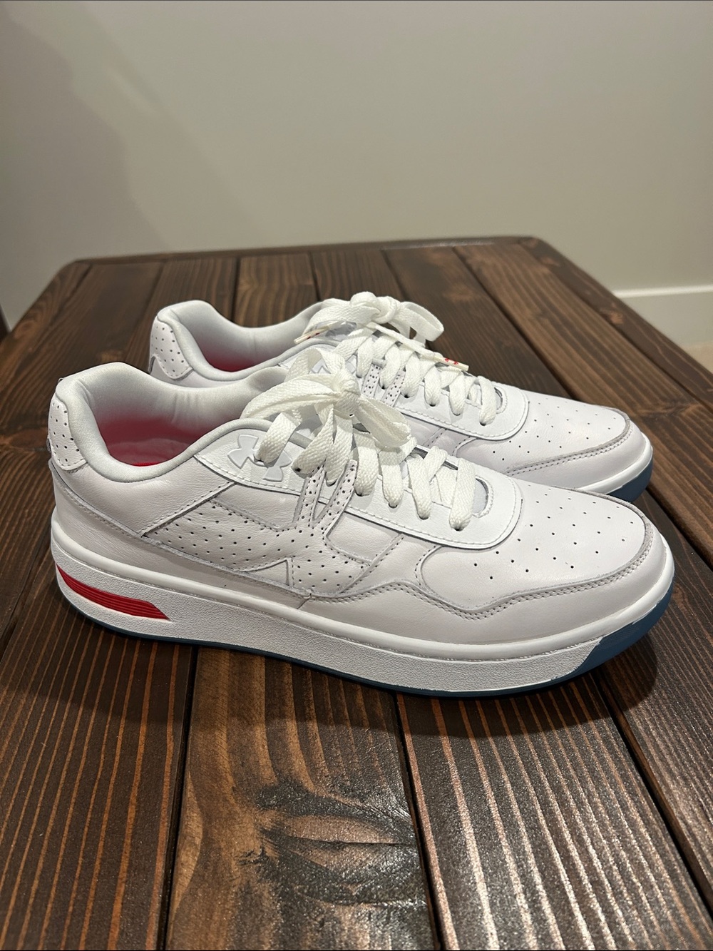 Under Armour Court 96 White Sneakers with Red & Blue Accents